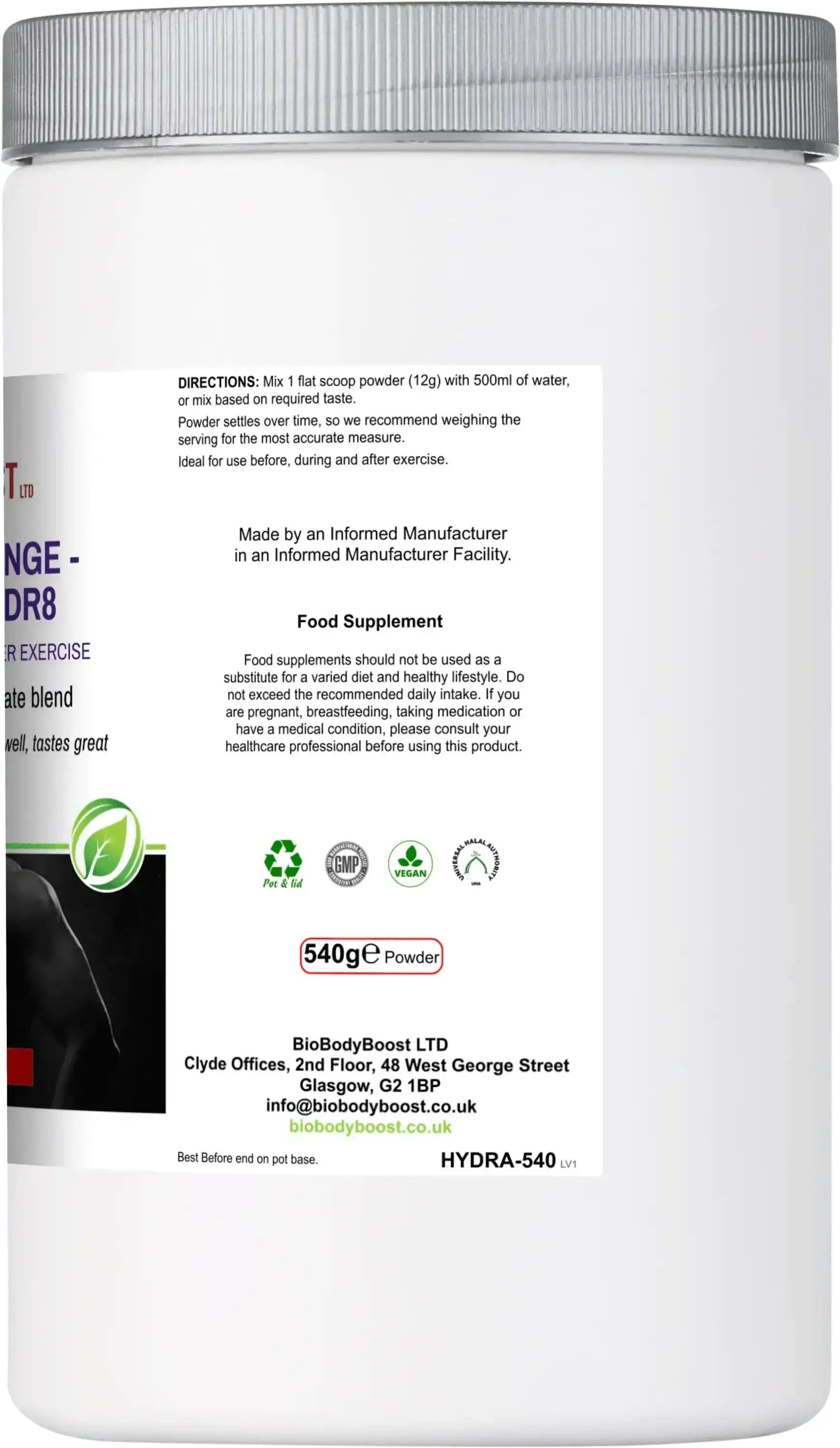 Back label of Electro-Hidr8 showing electrolyte complex and vitamin content with serving information