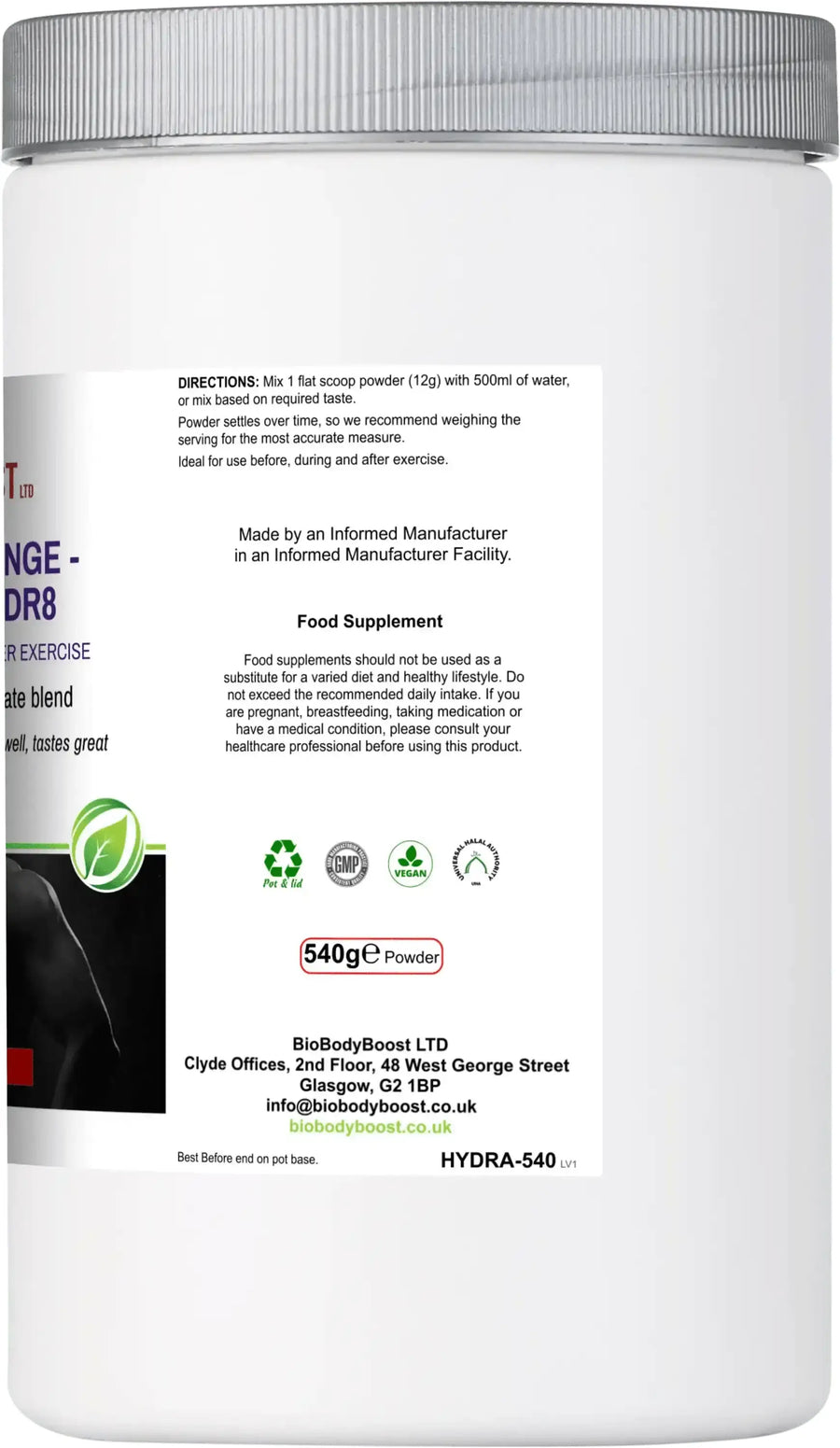 Back label of Electro-Hidr8 showing electrolyte complex and vitamin content with serving information