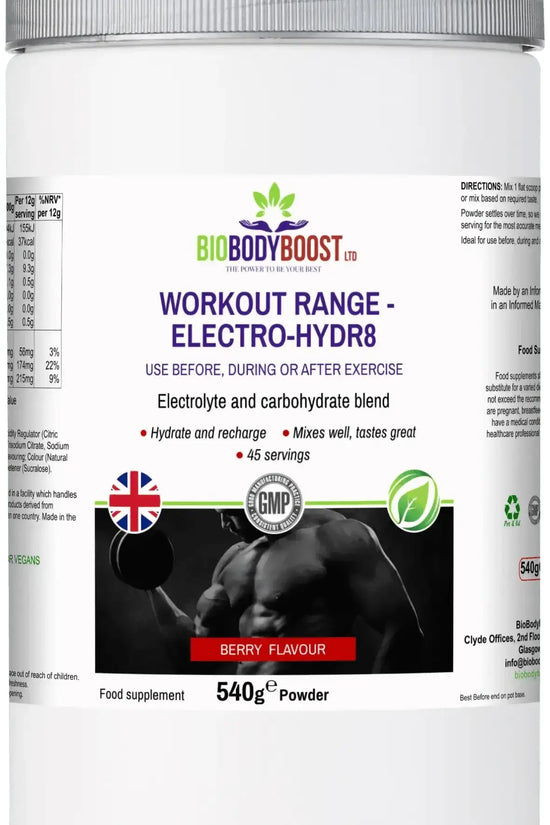 BioBodyBoost Electro-Hidr8 Electrolyte Drink Mix Berry — hydration powder with sodium, potassium and minerals, 540g UK