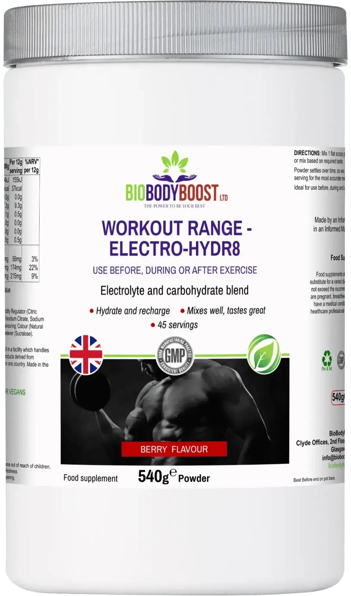 BioBodyBoost Electro-Hidr8 Electrolyte Drink Mix Berry — hydration powder with sodium, potassium and minerals, 540g UK