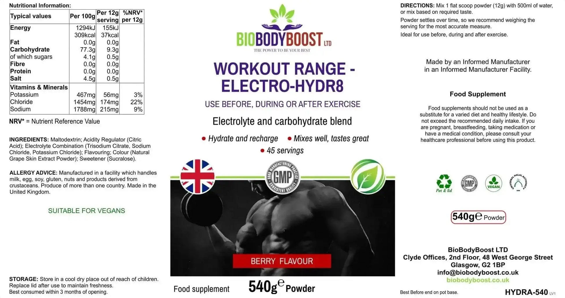Side view of Electro-Hidr8 Electrolyte Drink Mix Berry — vegan hydration powder, BioBodyBoost UK