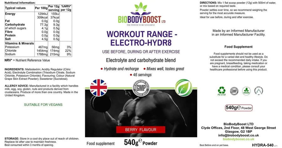 Side view of Electro-Hidr8 Electrolyte Drink Mix Berry — vegan hydration powder, BioBodyBoost UK