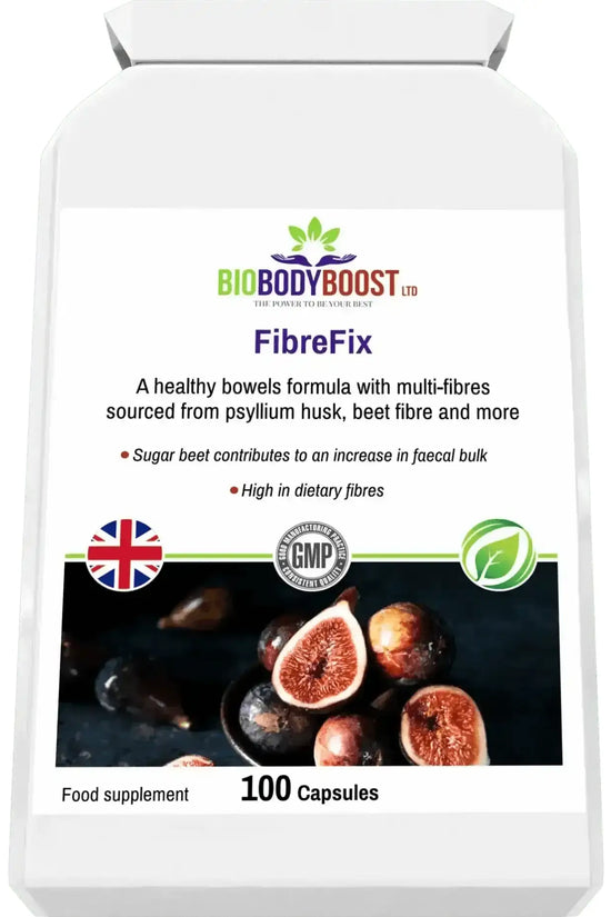 Side profile of FibreFix Psyllium Husk — compact white supplement packaging, BioBodyBoost UK