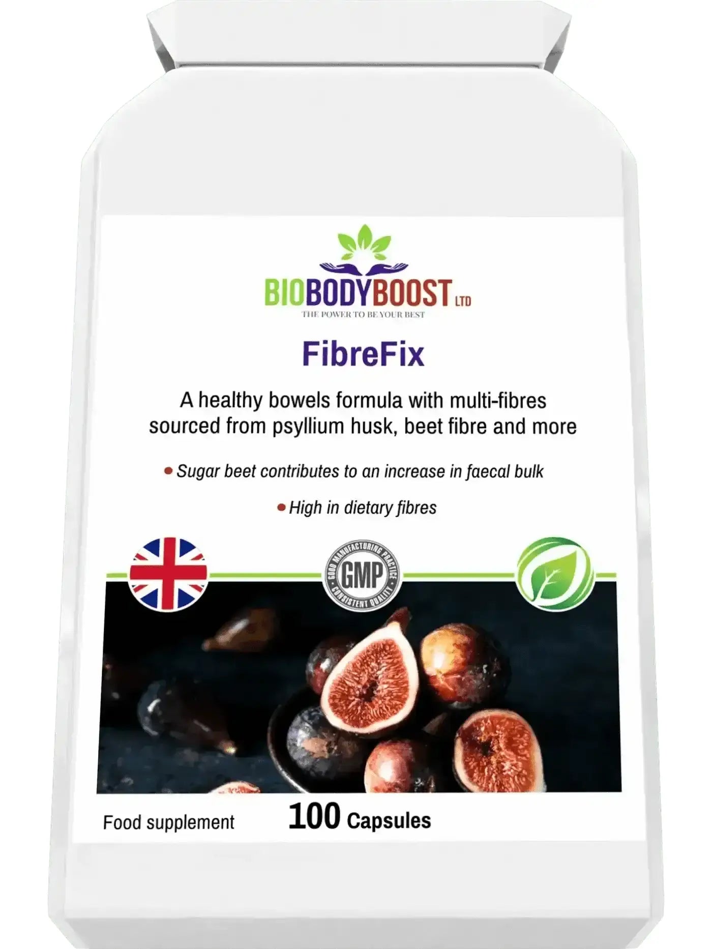 Side profile of FibreFix Psyllium Husk — compact white supplement packaging, BioBodyBoost UK