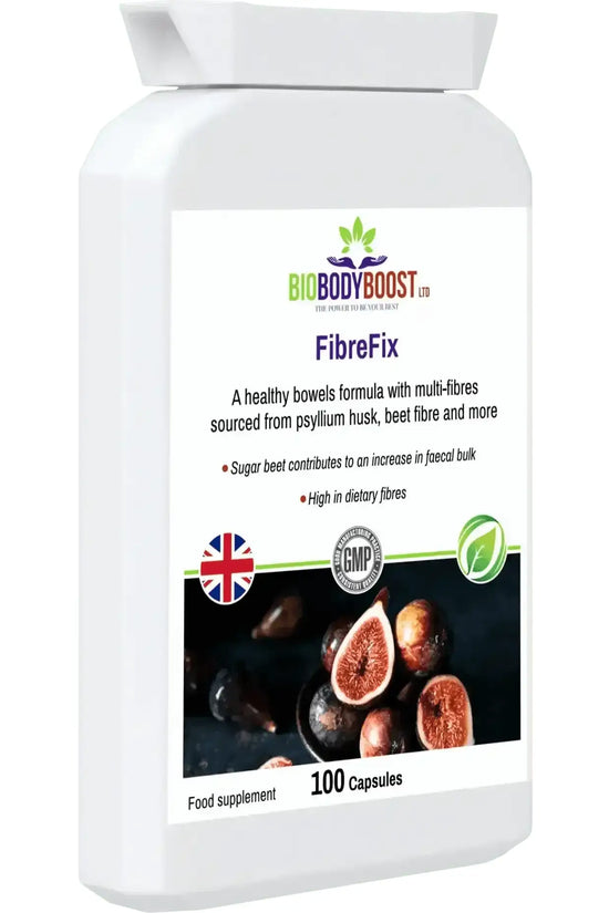 FibreFix front-angle highlighting psyllium husk fibre for cholesterol and bowel health support