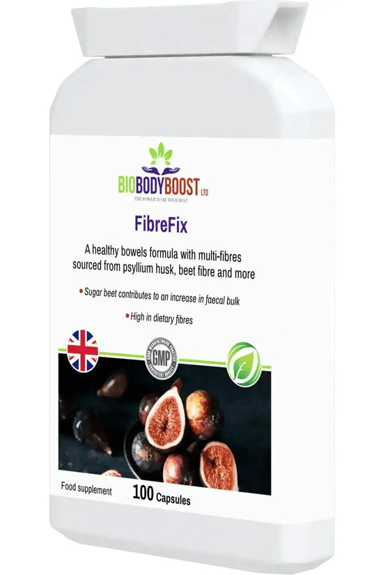 FibreFix Psyllium Husk angled view — bowel regularity and digestive fibre supplement, BioBodyBoost UK