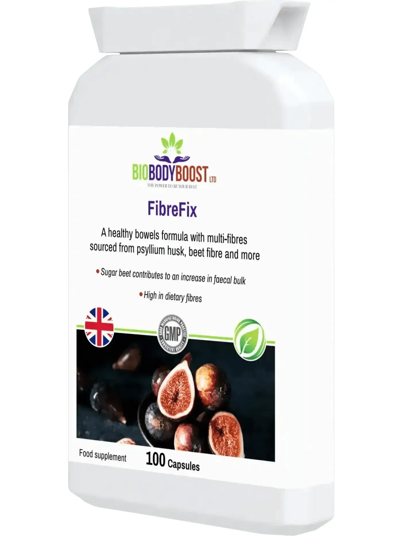 FibreFix Psyllium Husk angled view — bowel regularity and digestive fibre supplement, BioBodyBoost UK