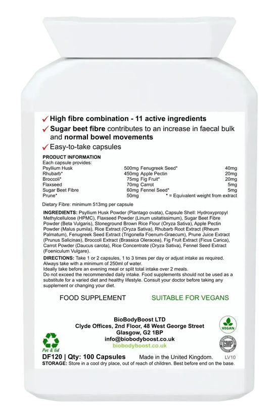 Back label of FibreFix showing psyllium husk and sugar beet fibre complex with dosage guide