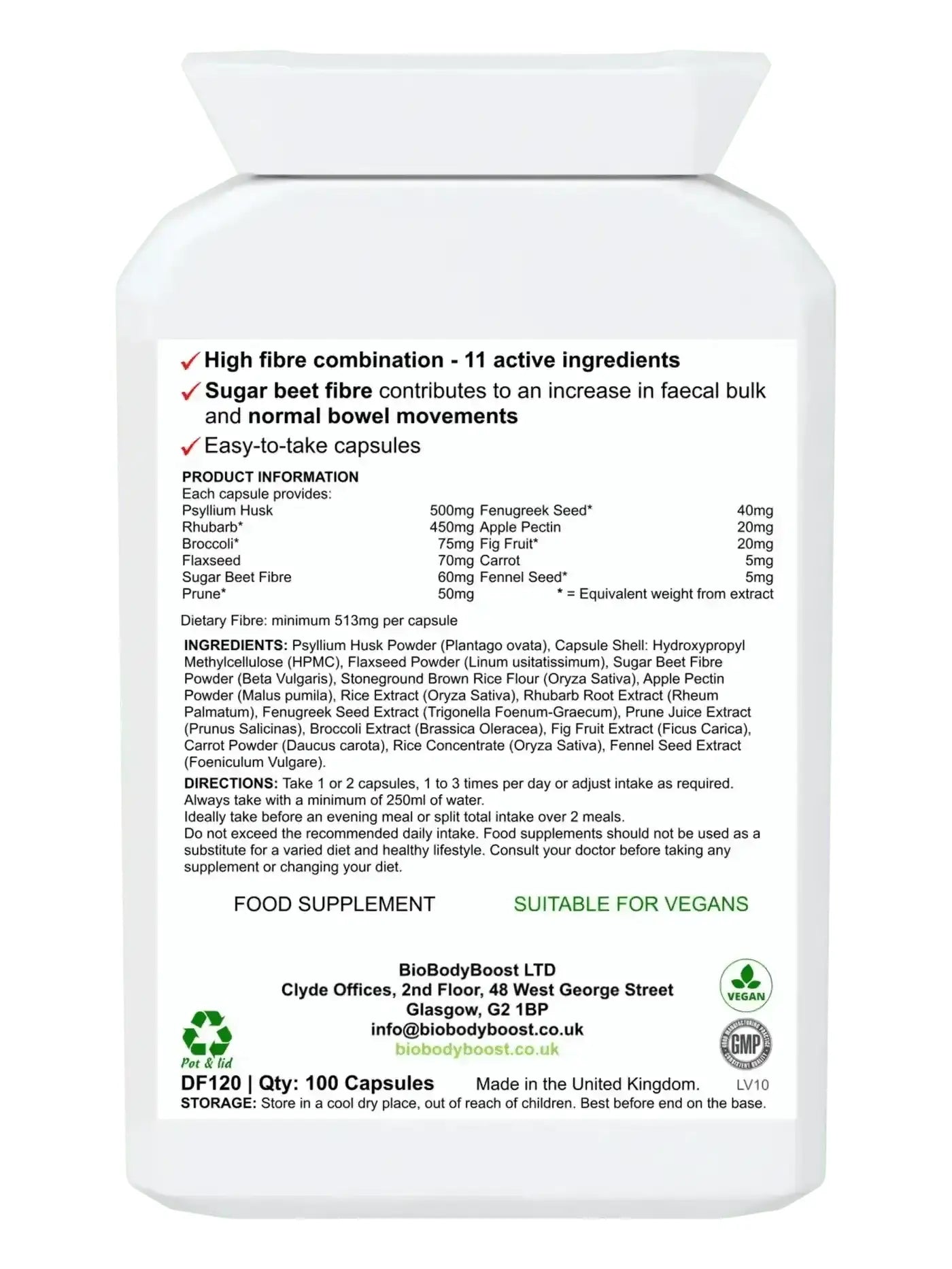 Back label of FibreFix showing psyllium husk and sugar beet fibre complex with dosage guide