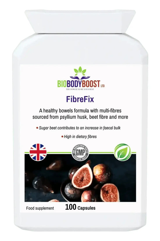 FibreFix Psyllium Husk Dietary Fibre — high-fibre digestive support, 120 vegan capsules, BioBodyBoost UK