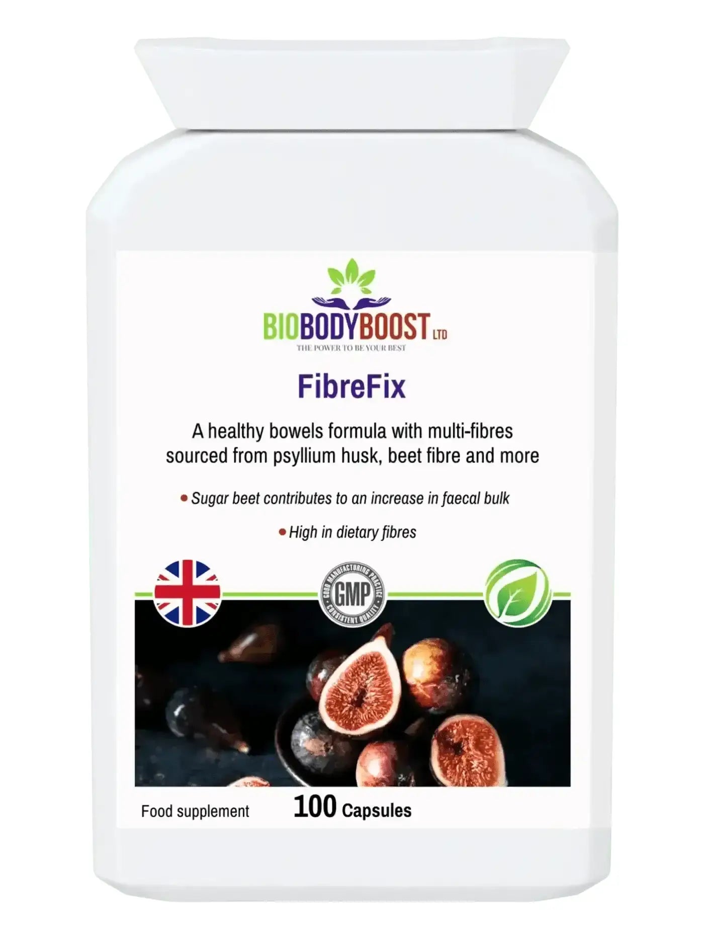 FibreFix Psyllium Husk Dietary Fibre — high-fibre digestive support, 120 vegan capsules, BioBodyBoost UK