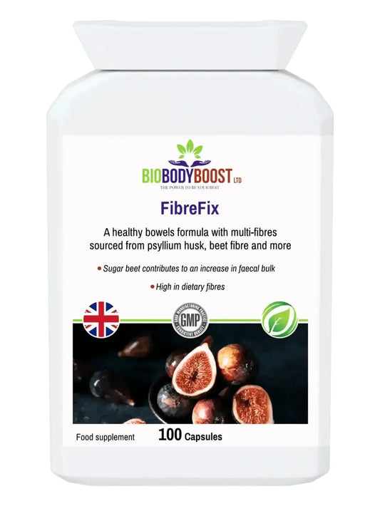 FibreFix Psyllium Husk Dietary Fibre — high-fibre digestive support, 120 vegan capsules, BioBodyBoost UK