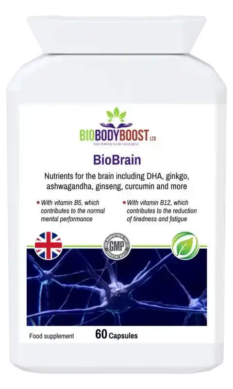Biobrain Focus Capsules - Natural Energy & Clarity with herbs, DHA, and vitamins B5 & B12 for mental performance and reduced fatigue.