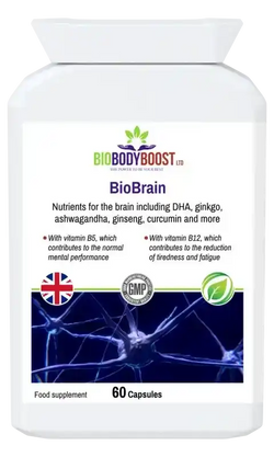 Biobrain Focus Capsules - Natural Energy & Clarity with herbs, DHA, and vitamins B5 & B12 for mental performance and reduced fatigue.