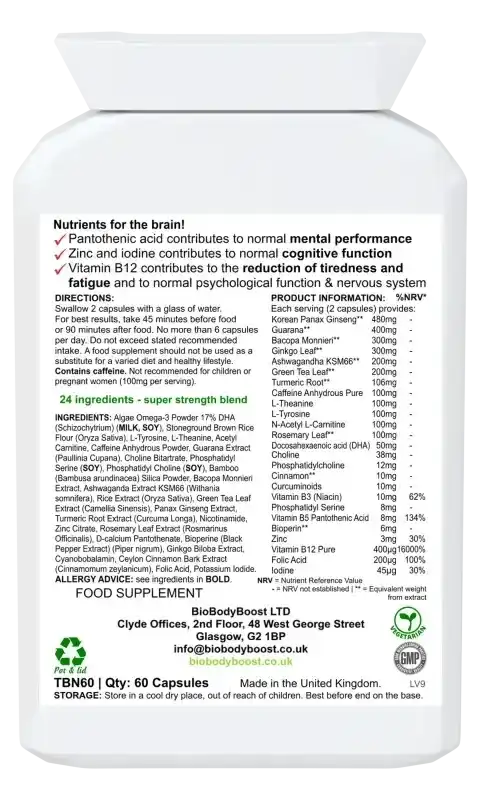 Back label of Biobrain Focus Capsules showing ingredients like ashwagandha, ginseng, and curcumin for brain support and daily energy.