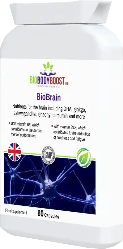 Biobrain Focus Capsules angled front view highlighting UK-made herbal nootropic with ginkgo, B vitamins, and natural cognitive boosters.