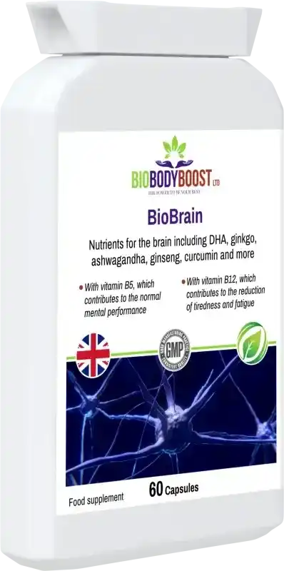 Biobrain Focus Capsules side-angled bottle with plant-based ingredients for mental clarity, energy, and productivity support.