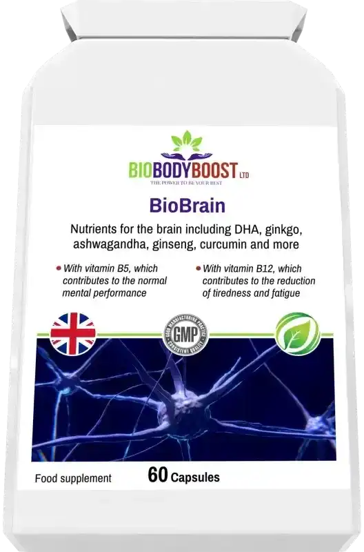 Top-down view of Biobrain Focus Capsules bottle featuring herbal blend for focus, energy, and mental clarity with 60 vegan capsules.