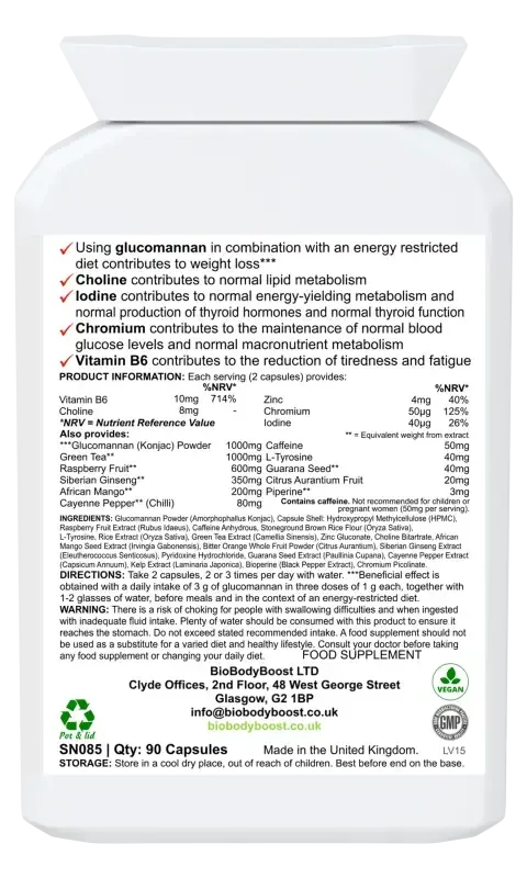 Back label of BioBurn showing glucomannan, raspberry ketone and chromium ingredients with dosage guide