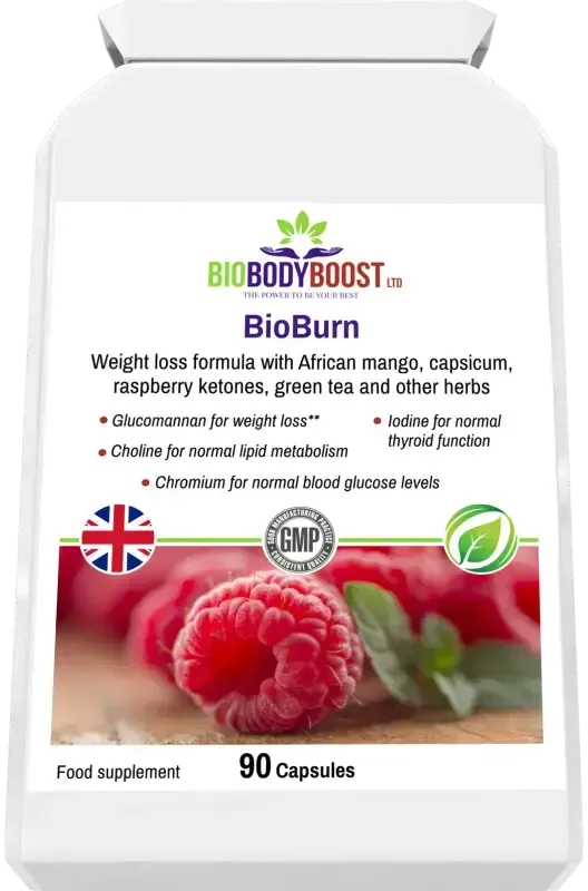 Side profile of BioBurn Glucomannan Raspberry Complex — compact white supplement packaging, BioBodyBoost UK