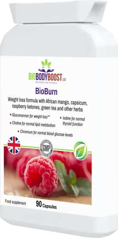 BioBurn Glucomannan Raspberry Complex angled view — natural weight management supplement, BioBodyBoost UK