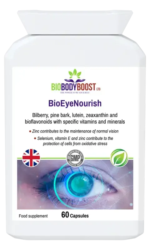 BioEyeNourish Vision Support Supplement — bilberry, lutein and zeaxanthin complex, 90 vegan capsules for daily eye health, BioBodyBoost UK