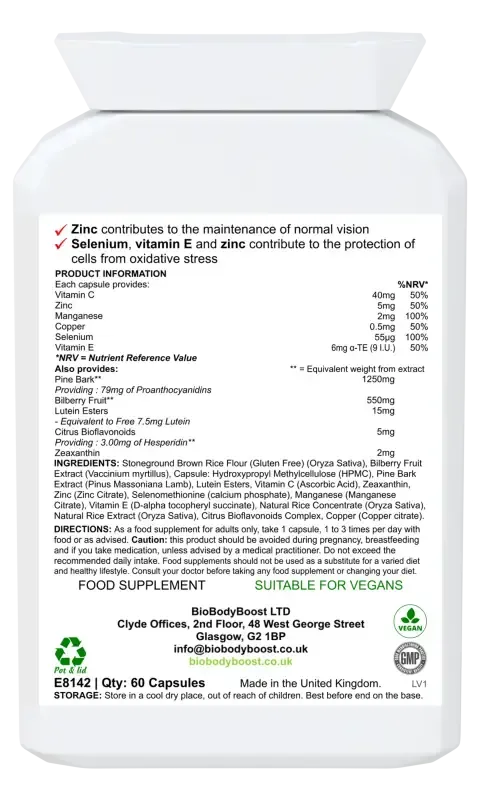 Back label of BioEyeNourish showing bilberry, lutein and zeaxanthin ingredients with dosage guide and vegan certification