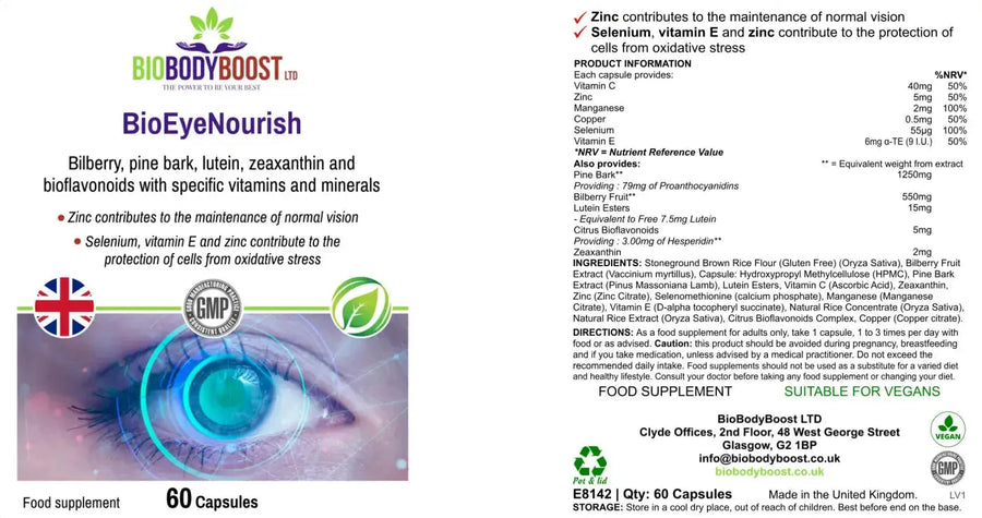 BioEyeNourish angled view — herbal eye health supplement for vision support and digital eye strain, BioBodyBoost UK