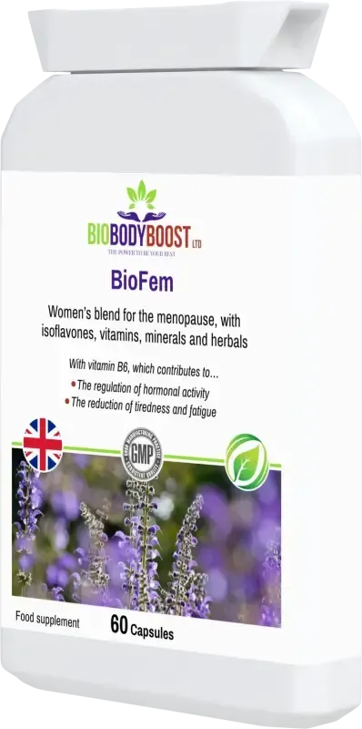 BioFem Menopause Blend angled view — hormone balance and mood support supplement for women, BioBodyBoost UK