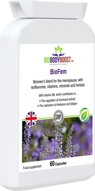 BioFem front-angle view highlighting black cohosh and red clover complex for natural menopause support