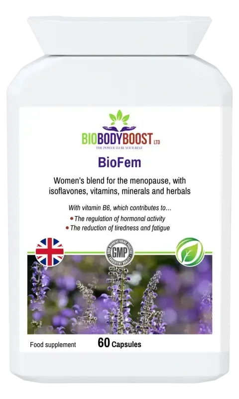 BioFem Women's Menopause Blend — black cohosh, sage, red clover and vitamin complex for hormone and mood support, 90 capsules, BioBodyBoost UK
