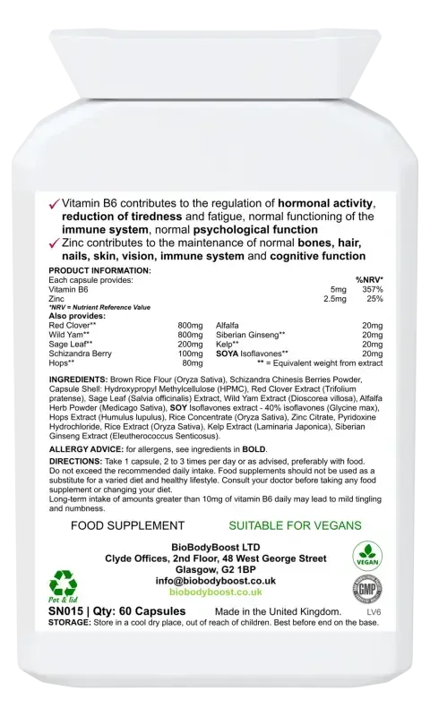 Back label of BioFem showing menopause herbs, black cohosh, sage and vitamin blend ingredients with dosage guide