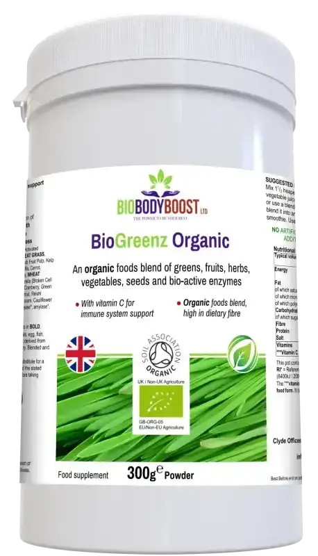 BioGreenz front-angle view — organic green shake with spirulina and plant nutrients for complete daily nutrition, UK