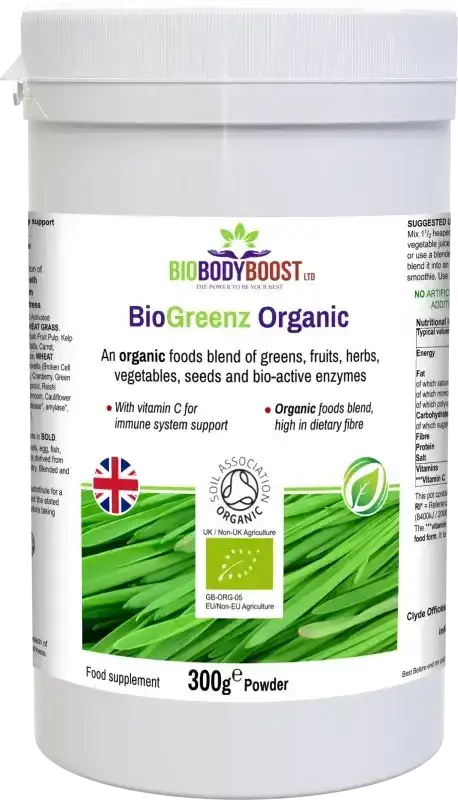 BioGreenz Organic Green Meal Shake — spirulina, chlorella, vitamins and plant nutrients, vegan organic nutrition shake, BioBodyBoost UK