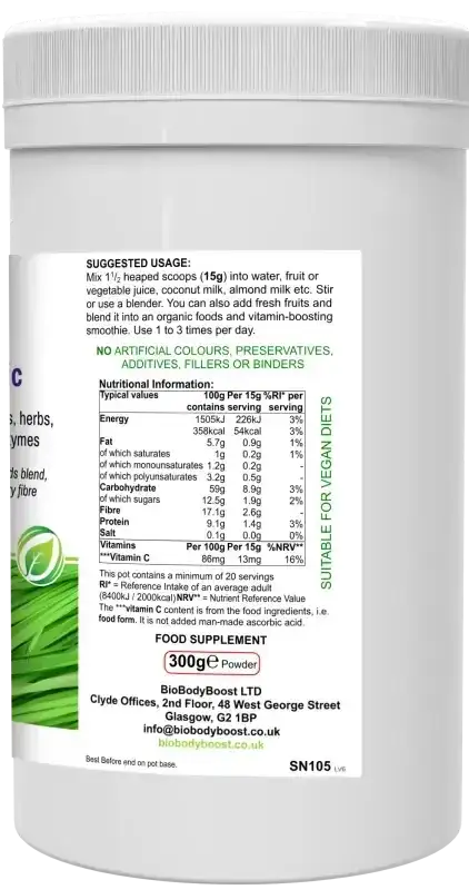 Back label of BioGreenz showing organic greens blend, vitamins and minerals per serving nutritional information
