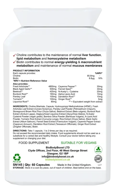 Back label of BioHep showing milk thistle, dandelion and artichoke liver support herbs with dosage guide