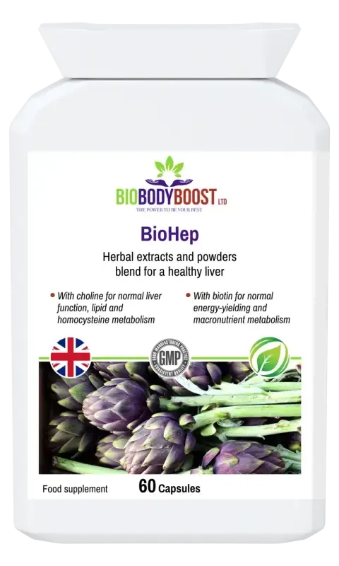 BioHep Herbal Liver Support Supplement — milk thistle, dandelion, artichoke and herbal detox complex, 60 vegan capsules, BioBodyBoost UK