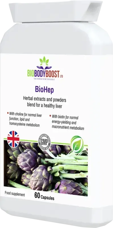 BioHep Liver Support angled view — herbal liver health and detox supplement, BioBodyBoost UK
