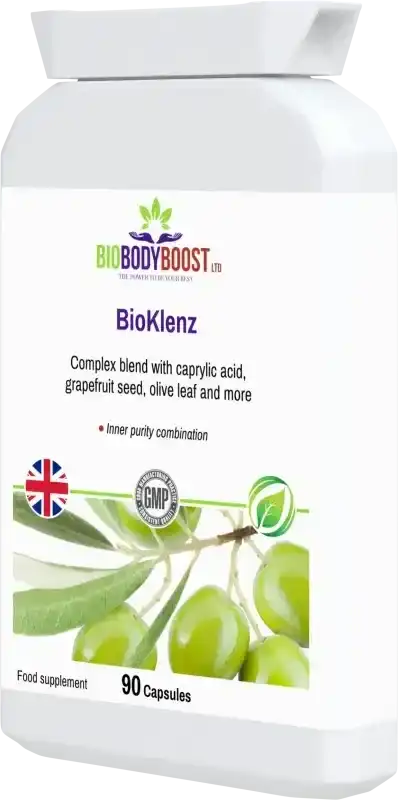 BioKlenz angled view — herbal gut cleanse and detox supplement for digestive comfort, BioBodyBoost UK
