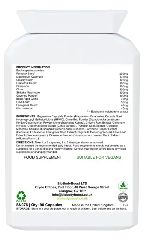 Back label of BioKlenz showing herbal detox and gastrointestinal complex ingredients with dosage guide