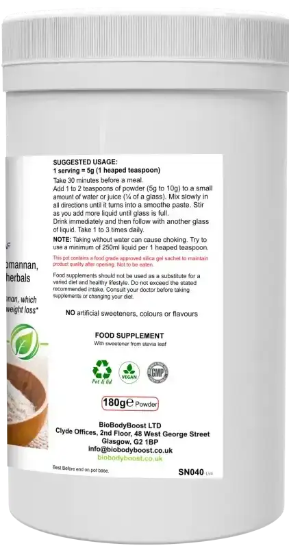 Back label of BioSlim showing dietary fibre complex, glucomannan and herbal ingredients with dosage guide