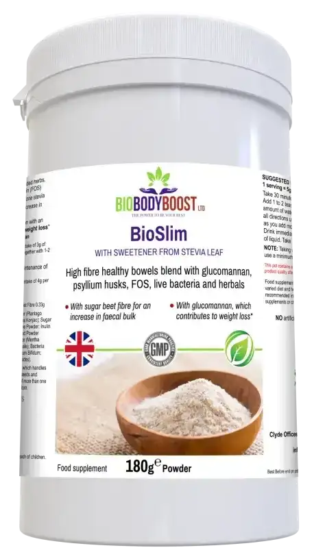 BioSlim front-angle view highlighting high dietary fibre formula with glucomannan for weight and cholesterol balance