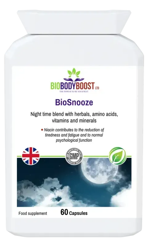 BioSnooze Night Time Herbal Sleep Blend — chamomile, valerian and lemon balm formula, 60 vegan capsules for restful sleep, BioBodyBoost UK