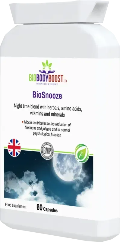 BioSnooze angled view — herbal night blend supplement for calm, relaxation and natural sleep support, BioBodyBoost UK