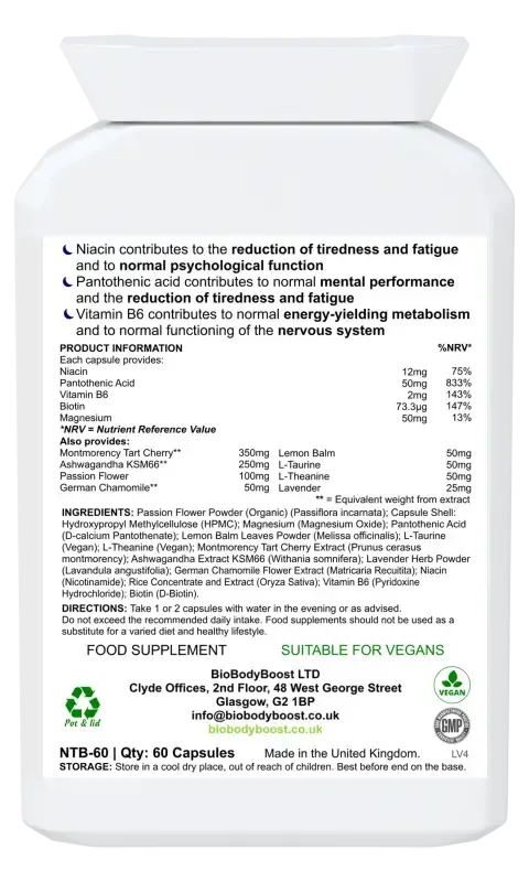 Back label of BioSnooze showing chamomile, valerian root, lemon balm and passionflower ingredients with dosage guide
