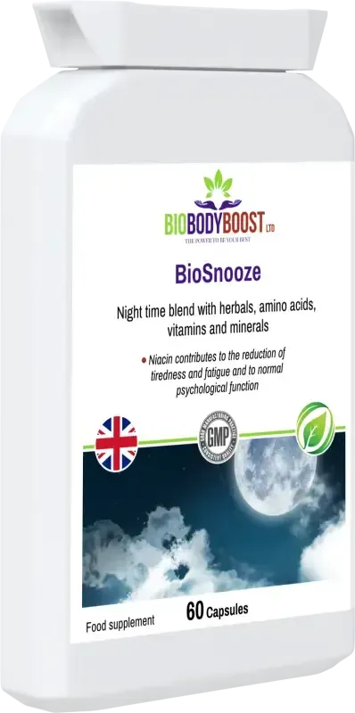 BioSnooze Night Time Blend front-angle view highlighting vegan formulation and herbal sleep support ingredients