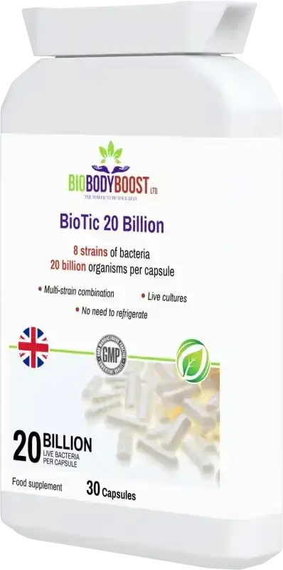 BioTic 20 Billion angled view — high-strength multi-strain vegan probiotic for gut health, BioBodyBoost UK