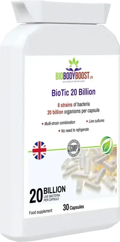 BioTic 20 Billion front-angle view highlighting 8 live culture strains and 20 billion CFU per capsule
