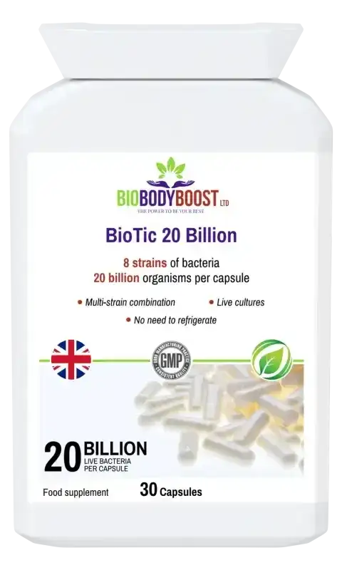 BioTic 20 Billion Vegan Probiotic — 8-strain live culture formula with 20 billion CFU for gut microbiome and immune balance, BioBodyBoost UK