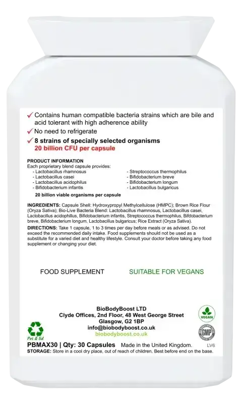 Back label of BioTic 20 Billion showing 8 probiotic strains, 20 billion live culture count and ingredients